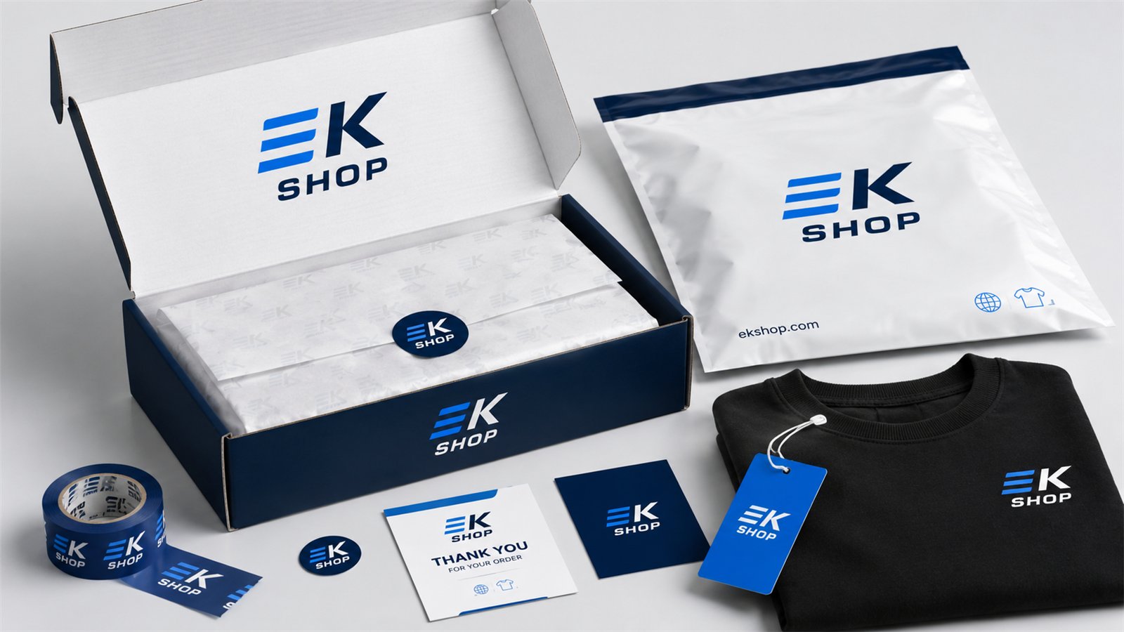 EK SHOP – brandirana embalaža in oblačila z logotipom: škatla, mailer vrečka, majica, nalepke in etiketa