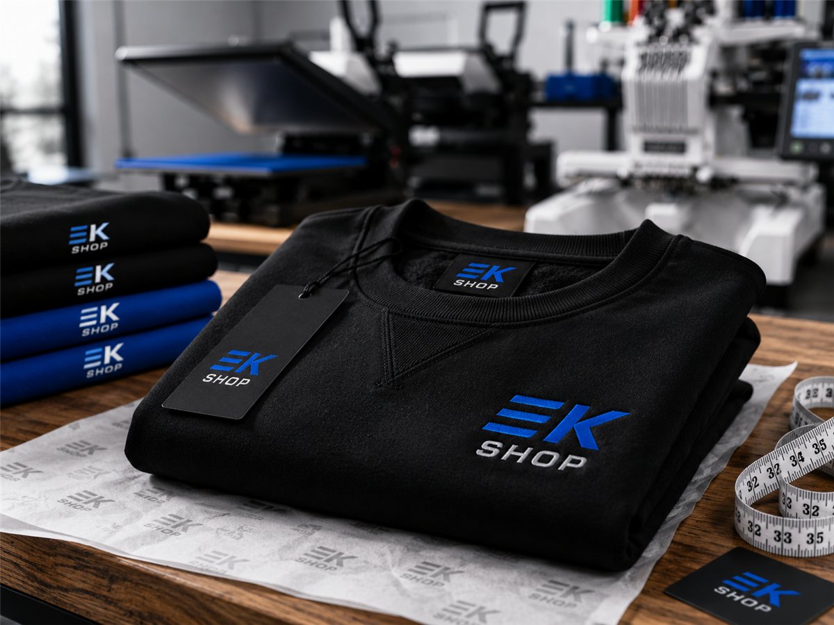 EK SHOP – zložene brandirane majice in puloverji v delavnici z vezilnim strojem