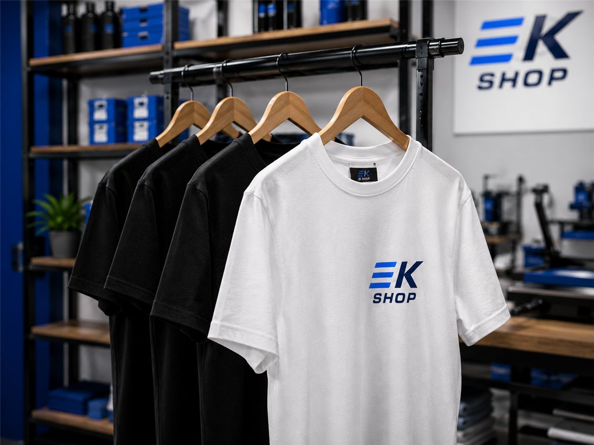 EK SHOP – brandirane majice na lesenih obešalnikih v razstavnem prostoru