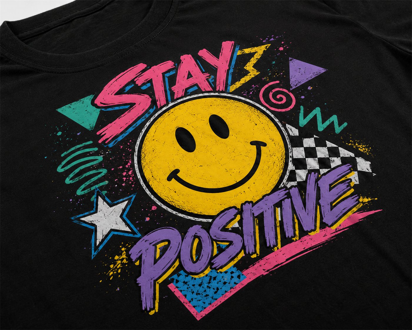 Polnobarvni DTF/DTG tisk »Stay Positive« na črni majici